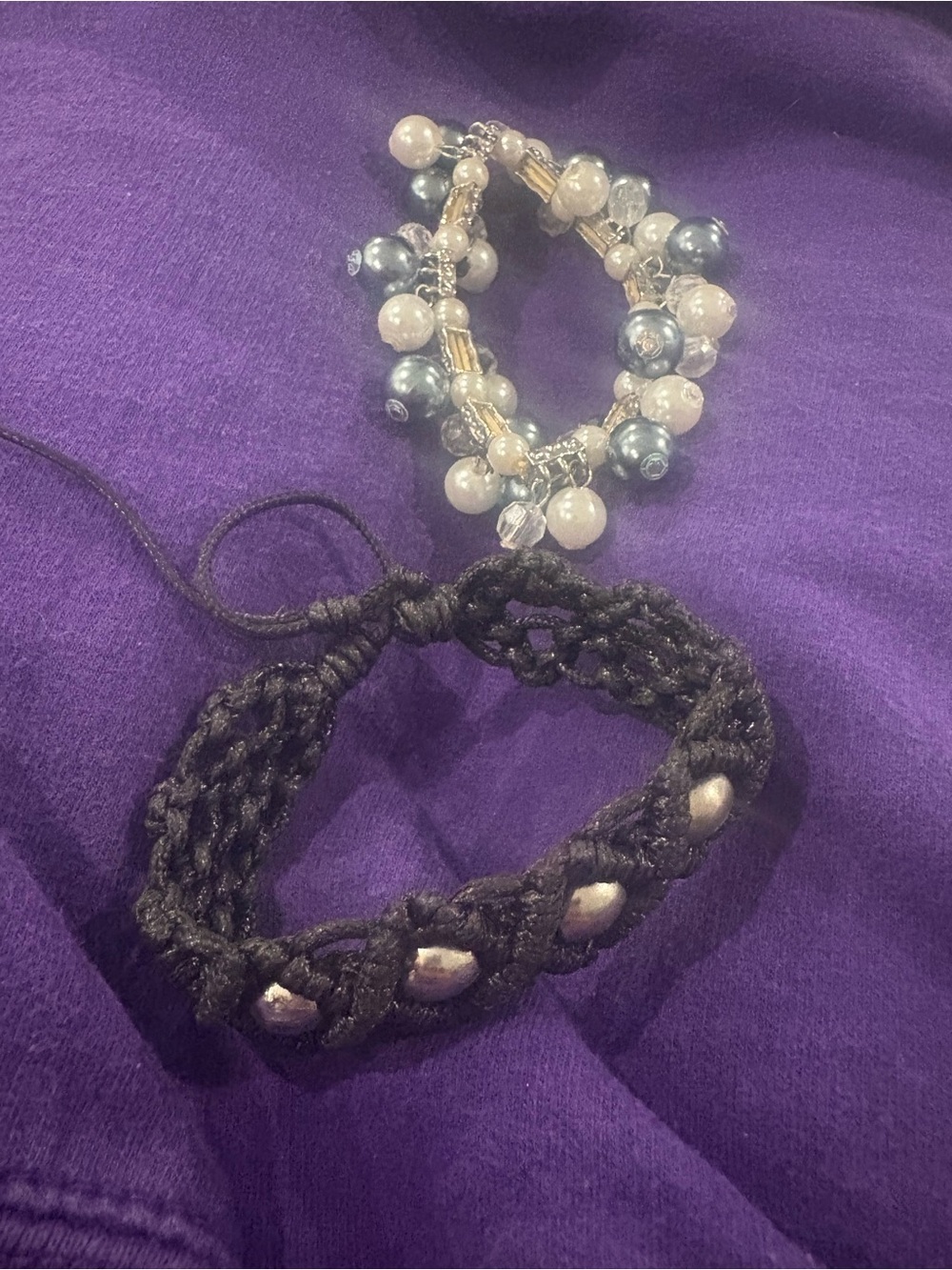 Handcrafted Black Macramé Bracelet with Silver Bead Accents and Pearl Bracelet